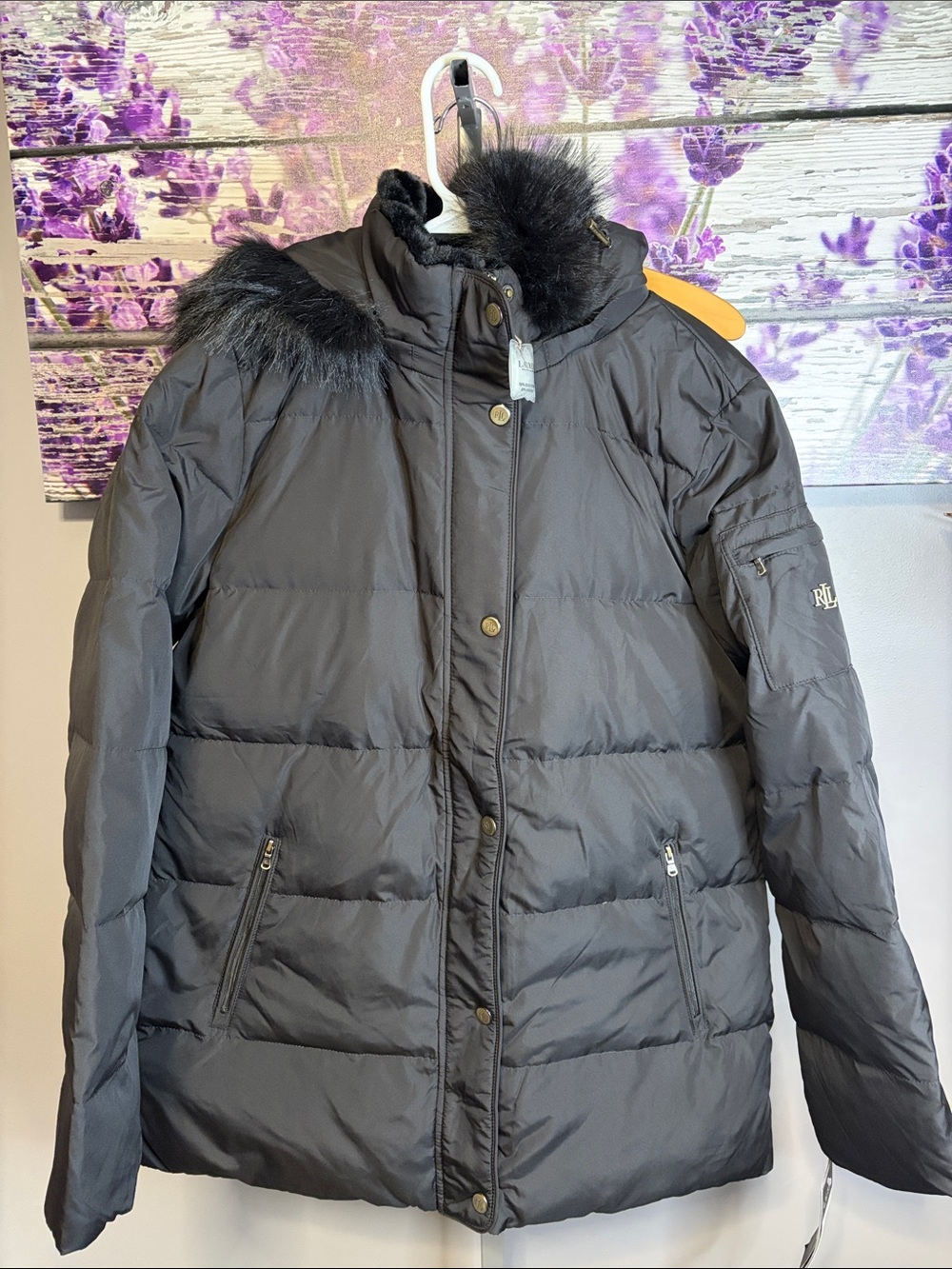 Lauren Ralph Lauren Black Puffer Jacket with Faux Fur Trim Equestrian Lining